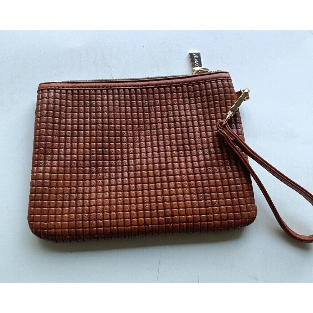 Joan & David Travel Makeup Wristlet Beauty Pouch Cosmetic Bag Brown Textured